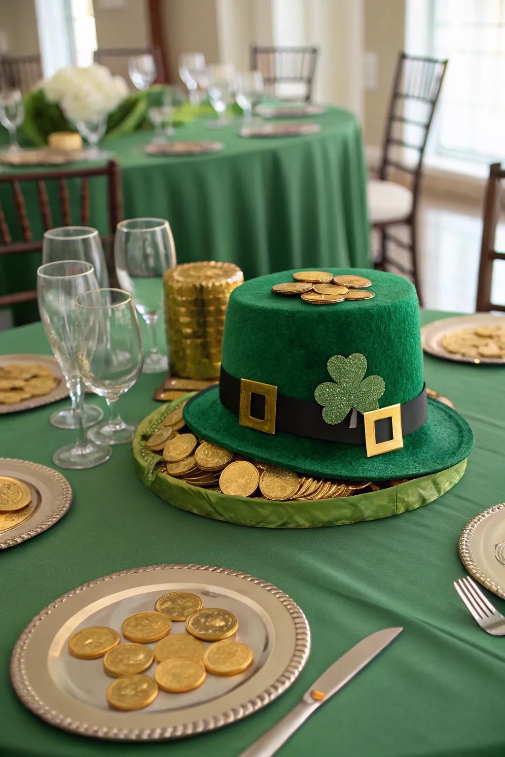 A sparkling centerpiece of gold coins and leprechaun hats.