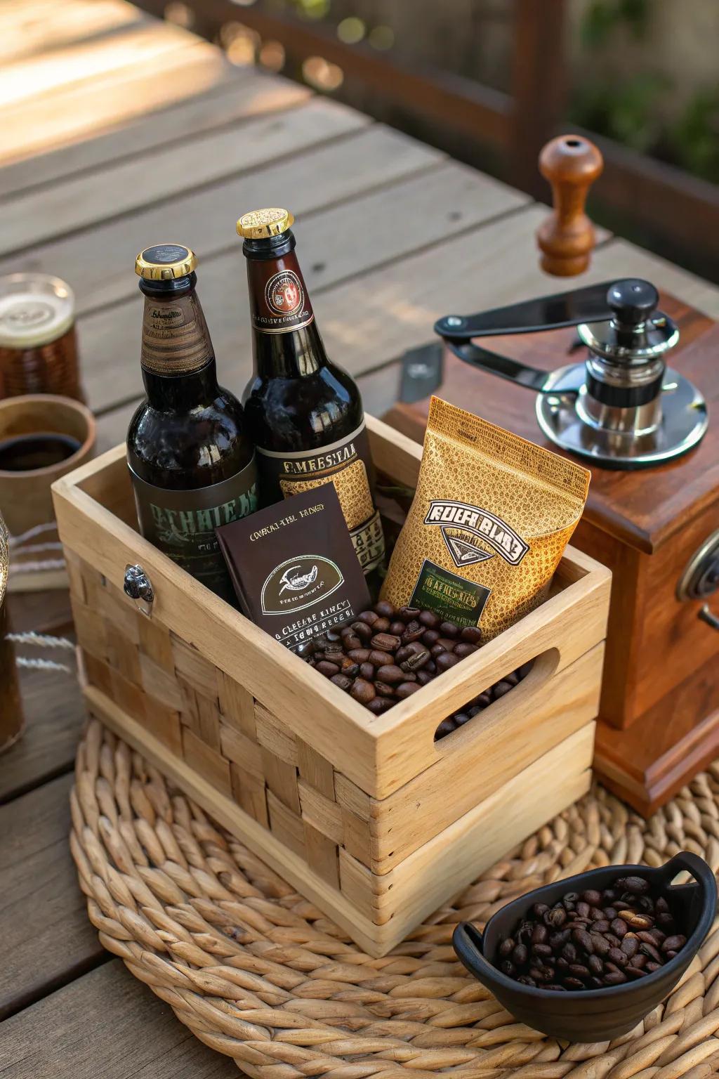 Celebrate Father's Day with the perfect brew: a handcrafted basket filled with dad's favorite coffee and beer treats.