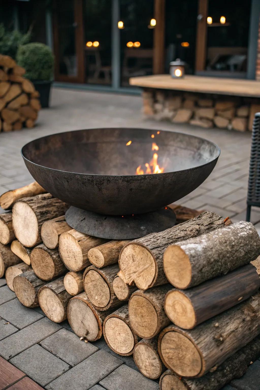 Embrace rustic charm with a handcrafted metal fire pit, perfectly complemented by stacked log surroundings.
