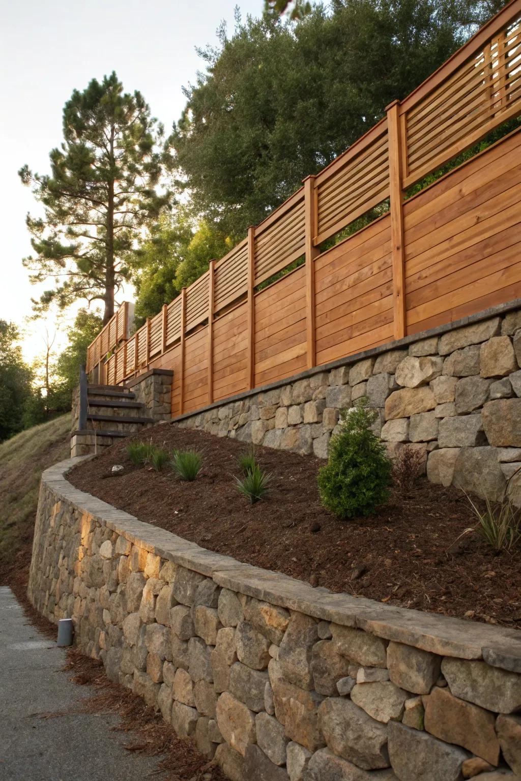 Elevate your yard's style and stability with a crafted horizontal fence on a retaining wall.