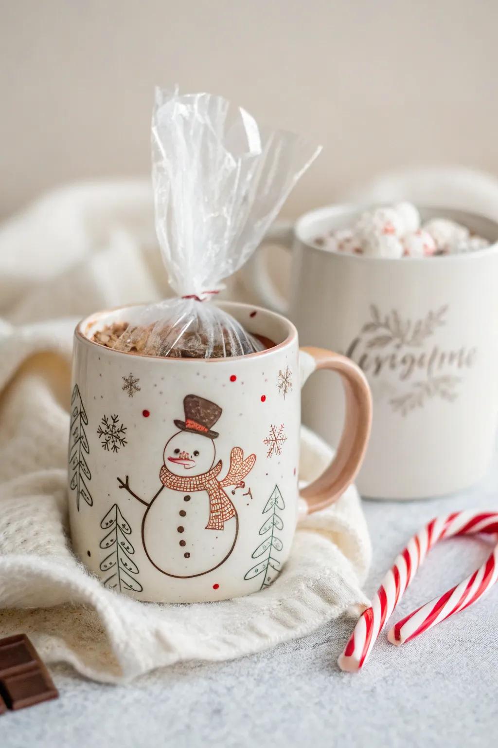 Snowy Mug Delight: Embrace winter warmth with a touch of playful elegance.