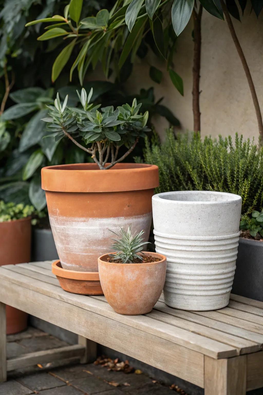 Elevate your garden's aesthetic with a curated mix of terracotta, ceramic, and metal pots for a textured, harmonious look.