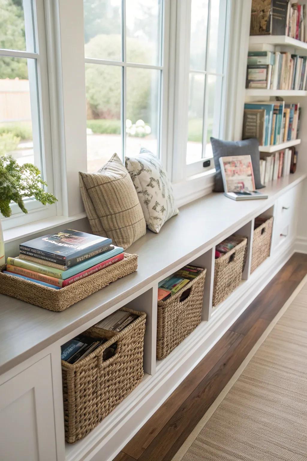 Marry form and function with books and baskets on your ledge.