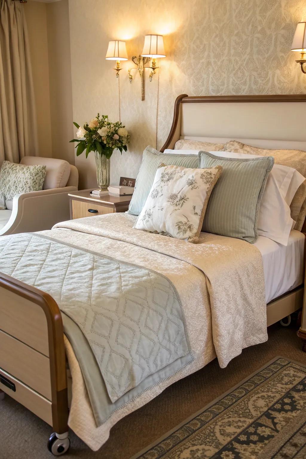 Luxurious bedding creates a comforting and inviting atmosphere.