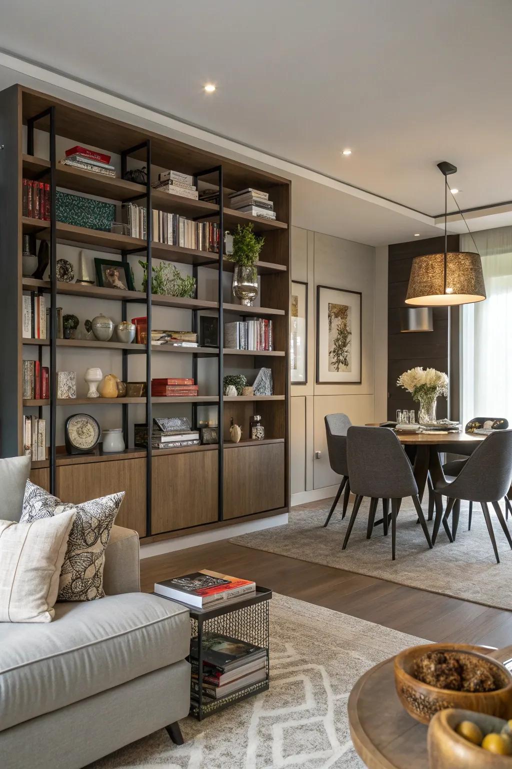 Open shelving offers both division and display space.