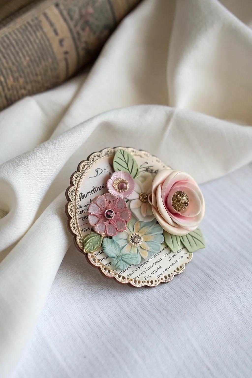 Craft your own story with a decoupage brooch, where art and vintage charm meet minimalist elegance.