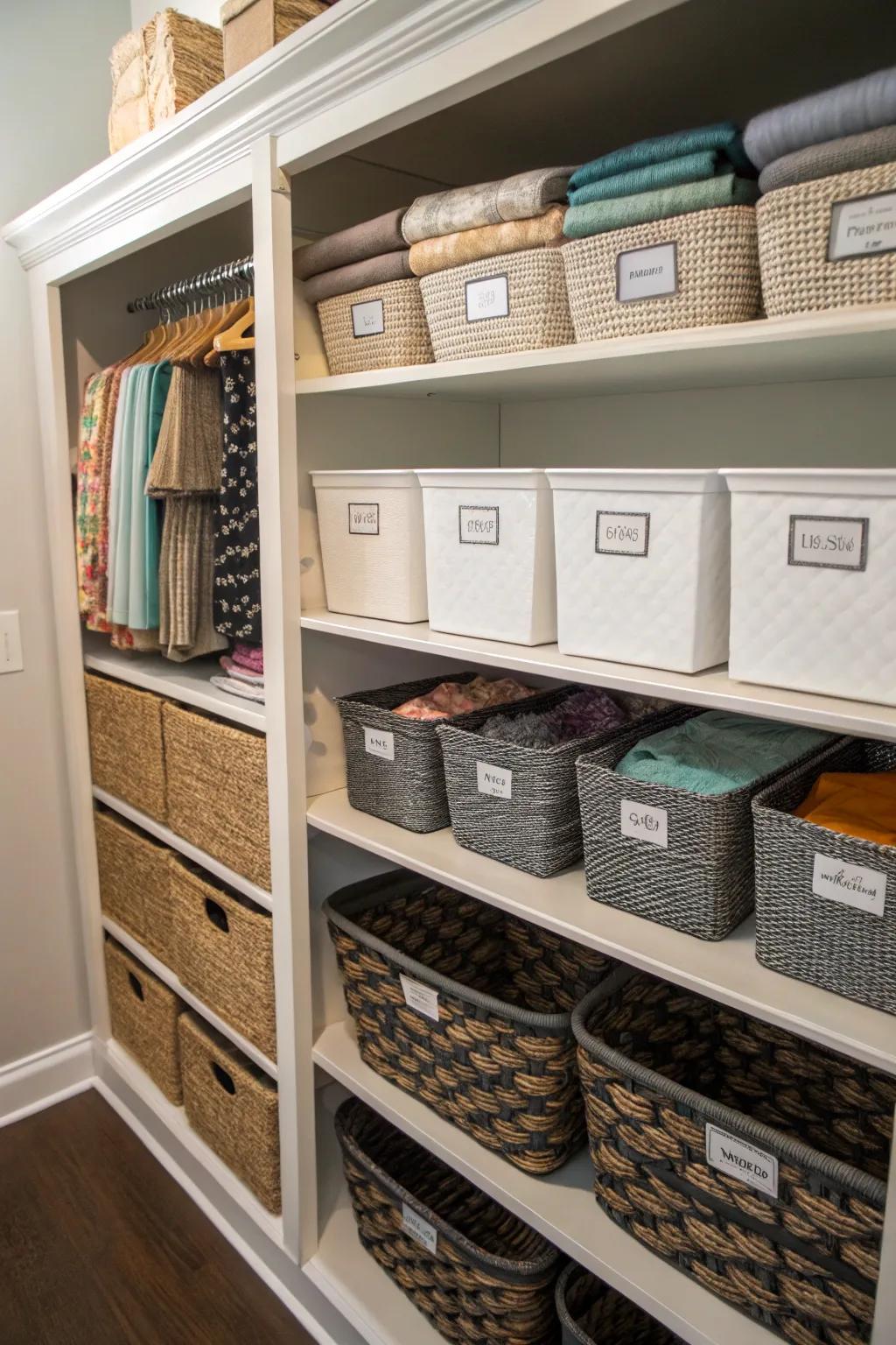 Bins and baskets keep deep closet contents tidy and accessible.
