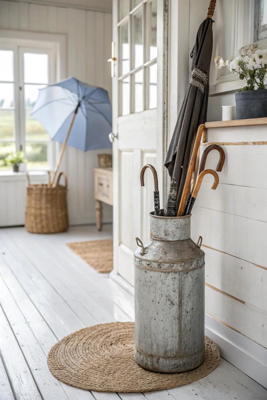 Transform vintage into vogue: a rustic umbrella stand that blends function with farmhouse flair.