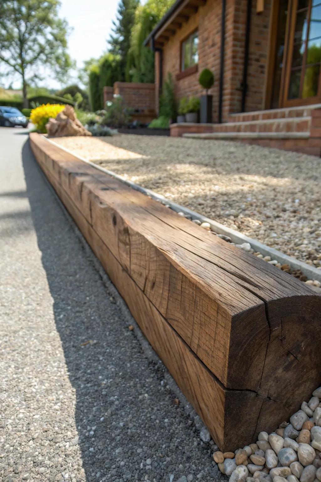 Elevate your driveway with the rustic elegance of wooden edging.