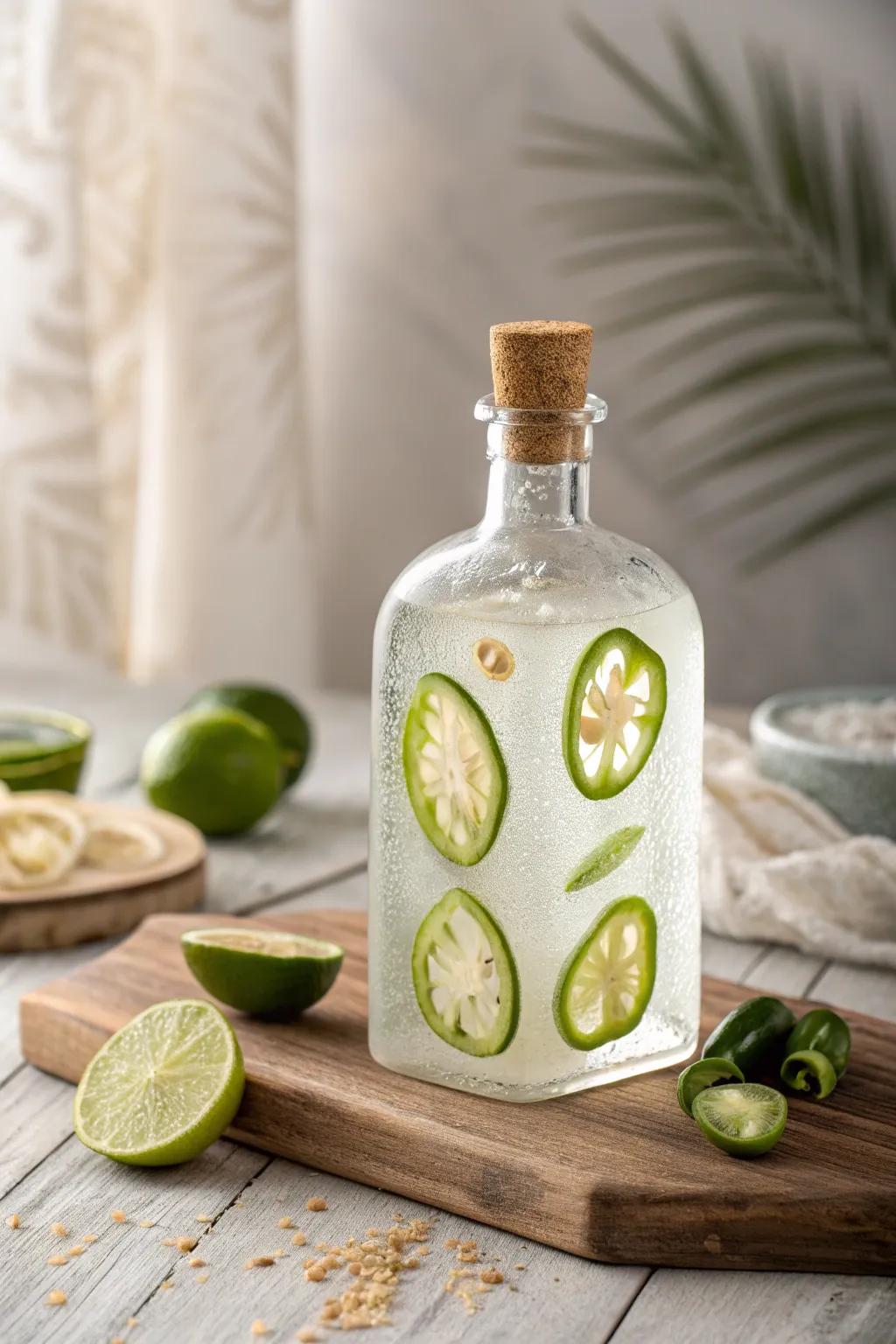 Spice up your spirits with this handcrafted jalapeño lime tequila, perfect for a boho-inspired taco night.