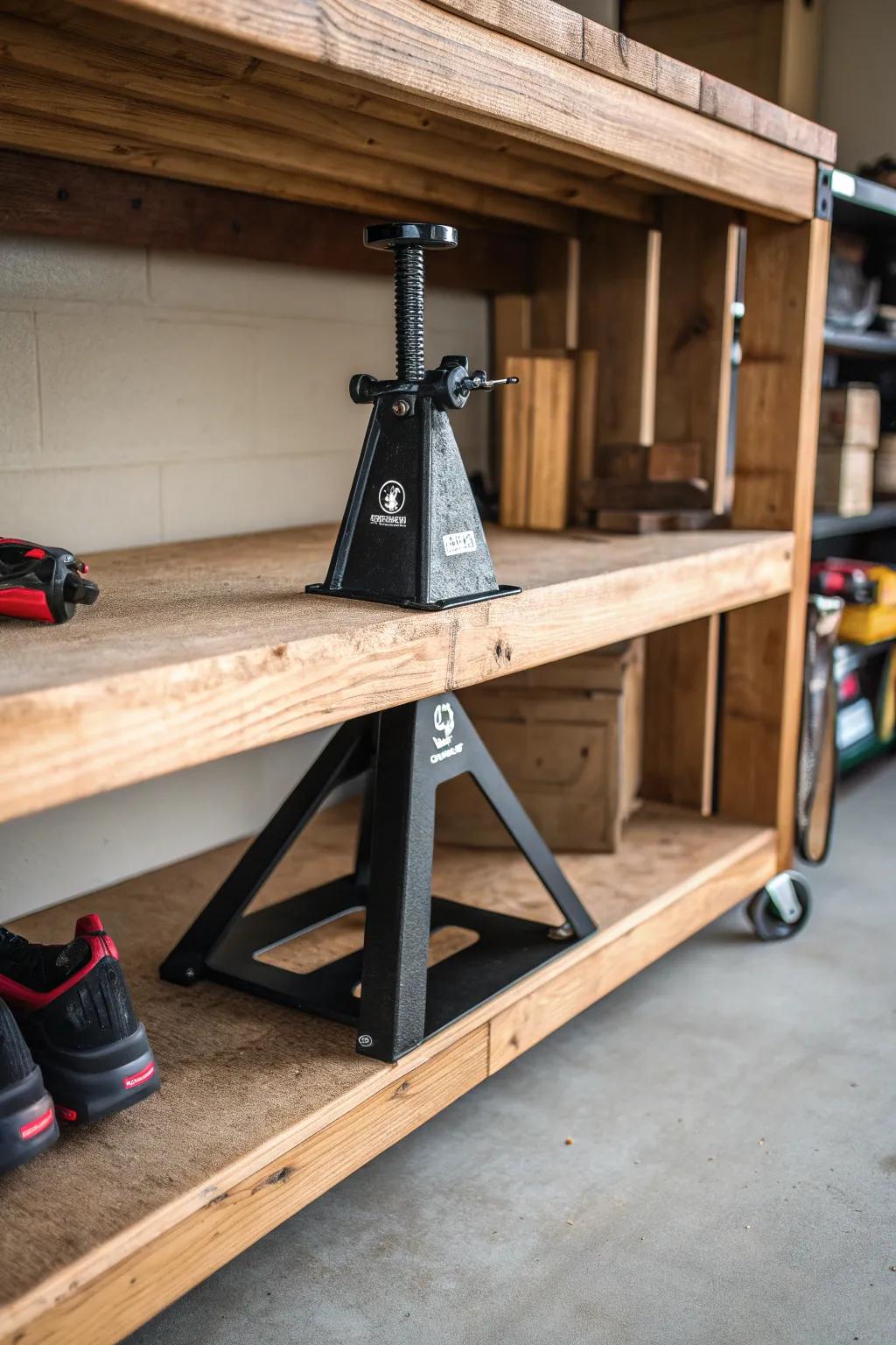 Craftsmanship meets functionality: Elevate your garage organization with under-shelf jack stand storage.