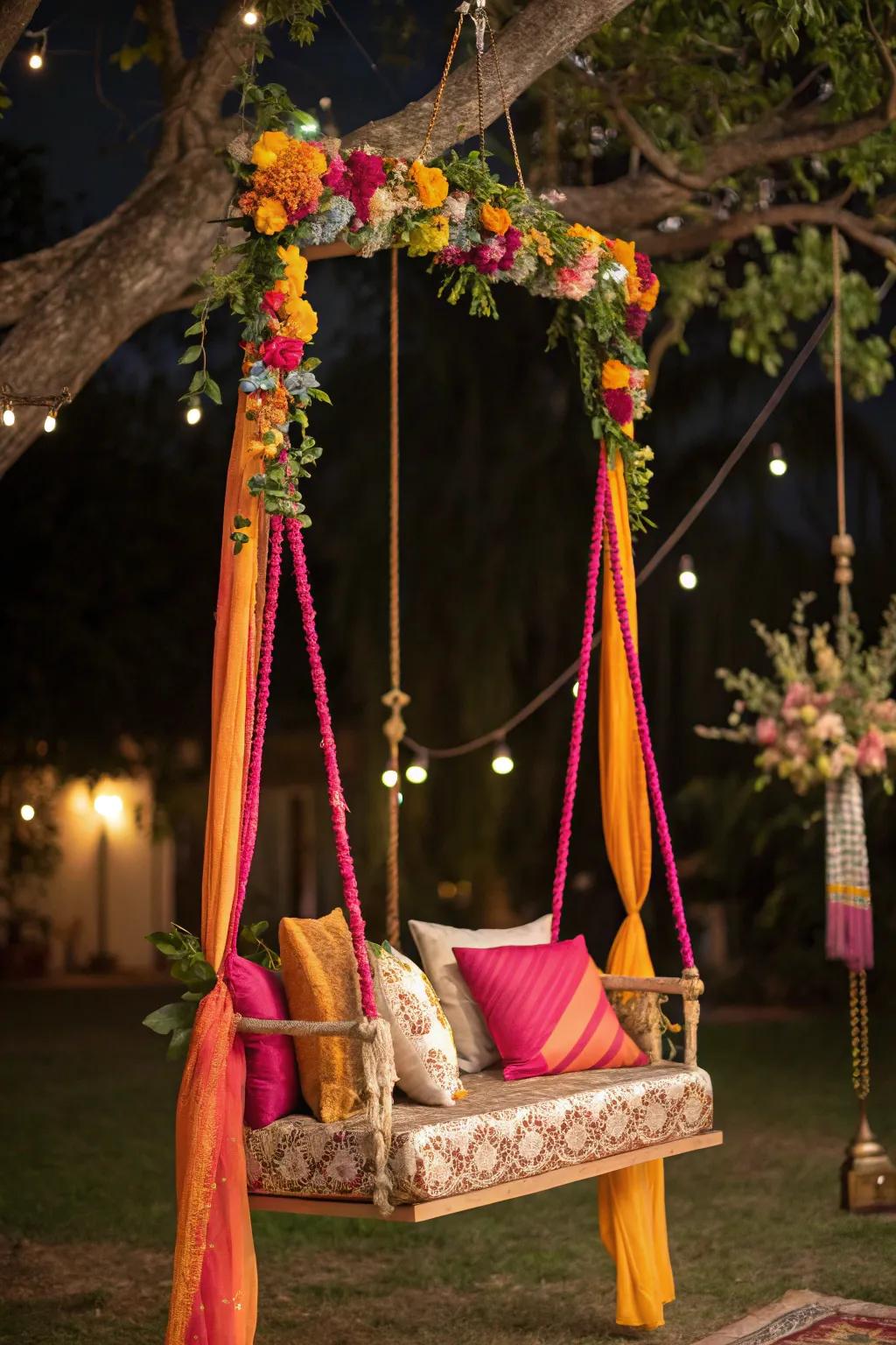 A cozy jhula becomes the centerpiece of your Janmashtami decorations.