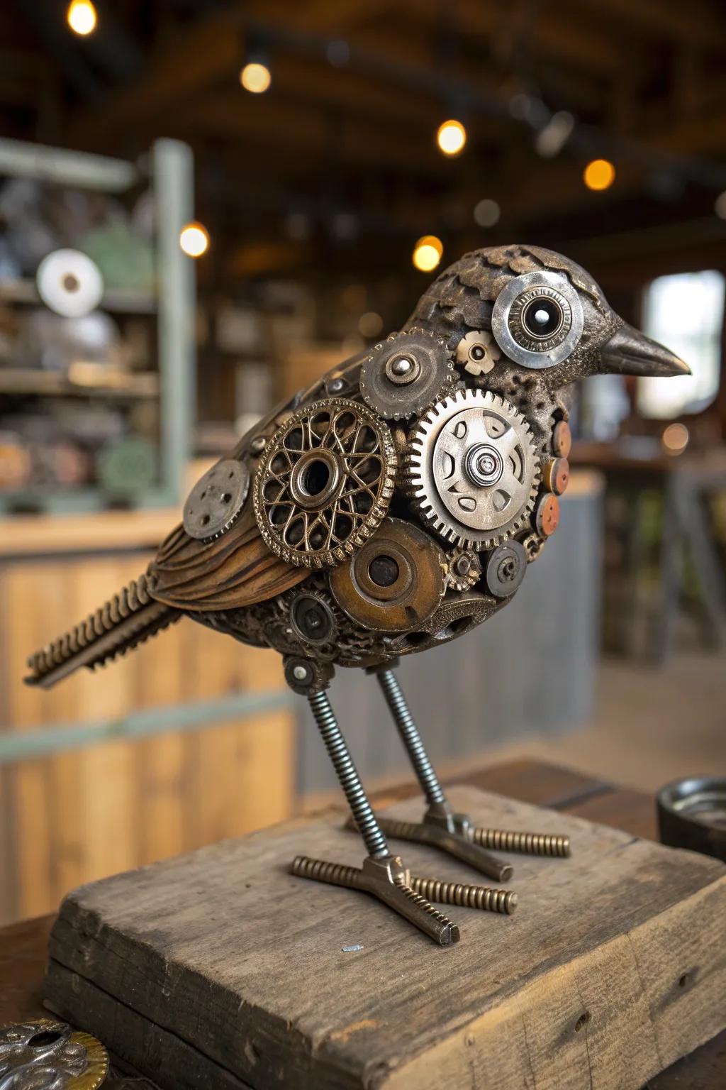 Ingenious craftsmanship: A bird sculpture crafted from junkyard treasures.