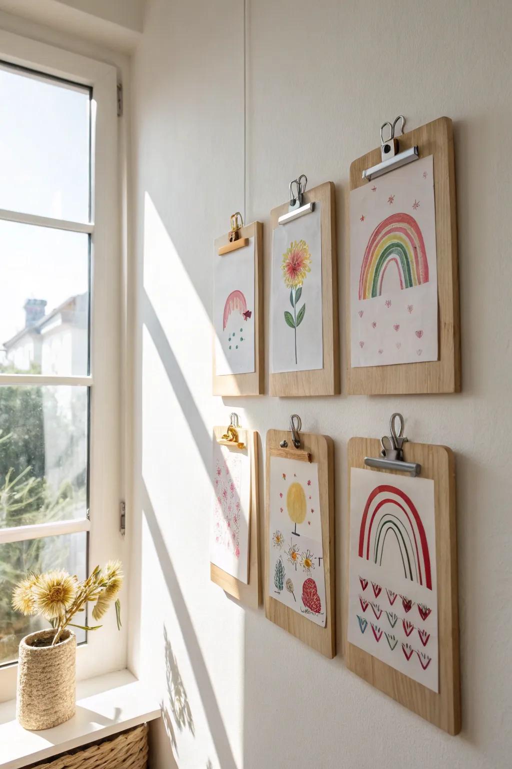 Transform your child's art into a stunning display with a clipboard wall that's as versatile as it is beautiful.