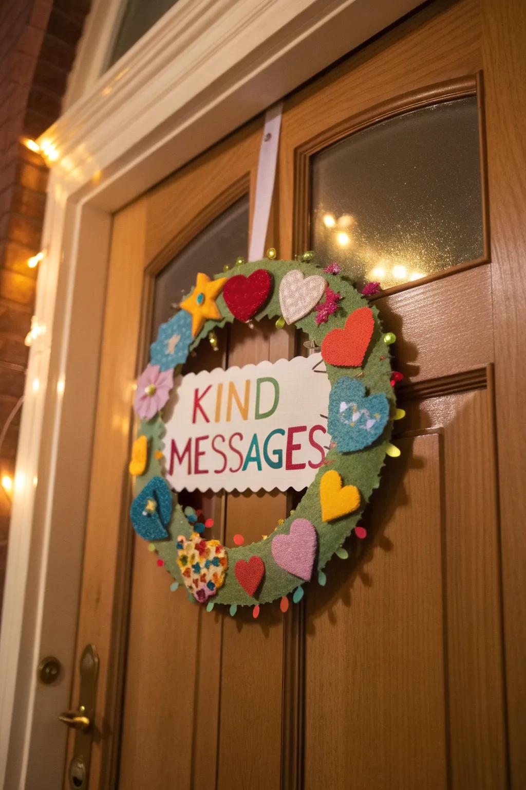 A DIY wreath with kind messages offers a warm welcome.