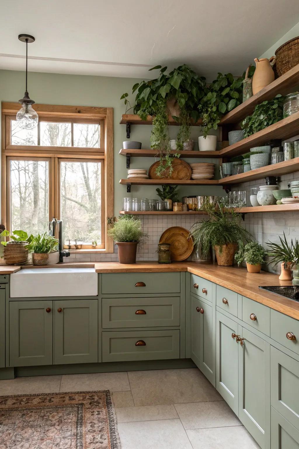Sage green cabinets paired with wooden accents create a serene kitchen.