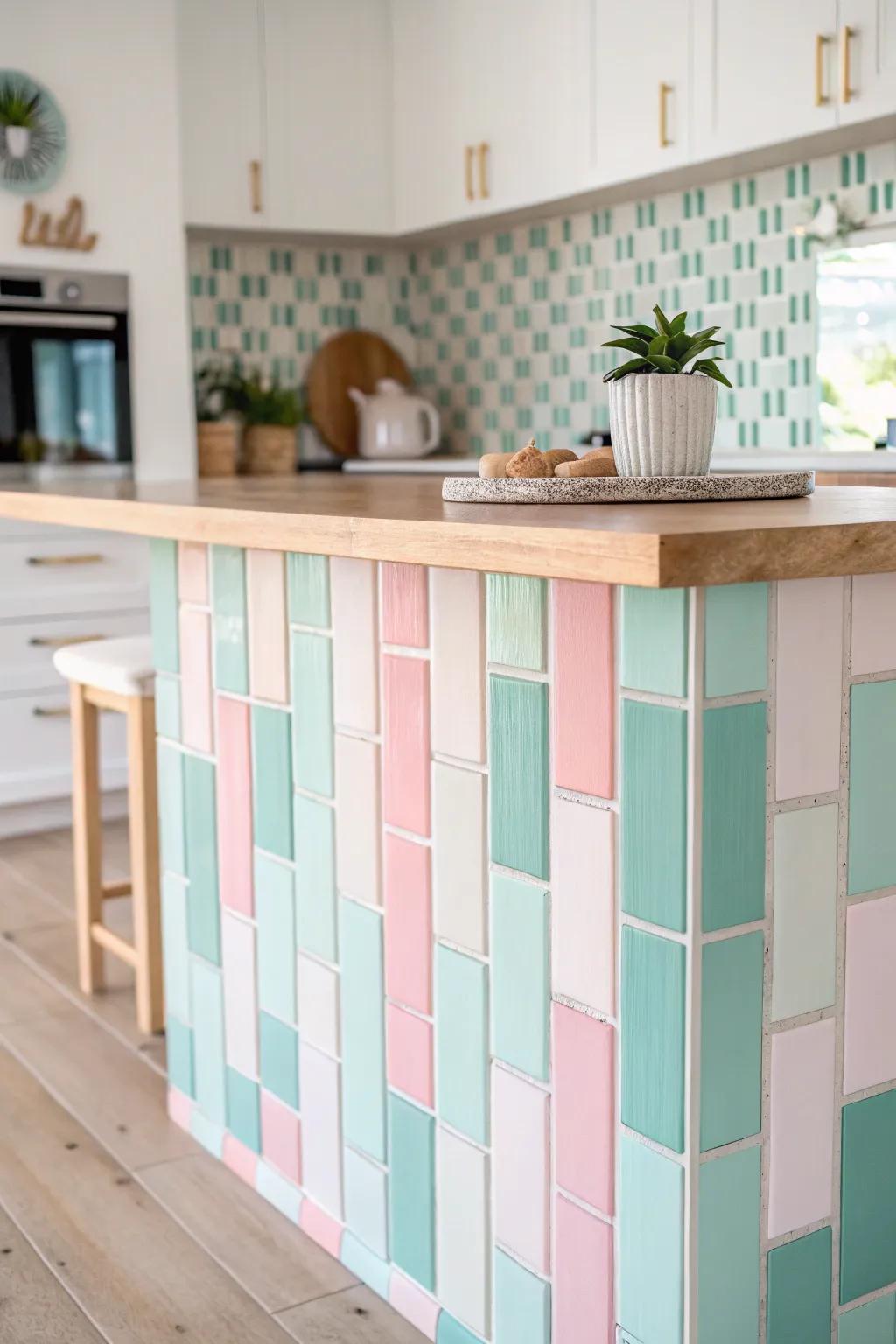 Add a playful twist to your kitchen with vibrant vertically arranged subway tiles!