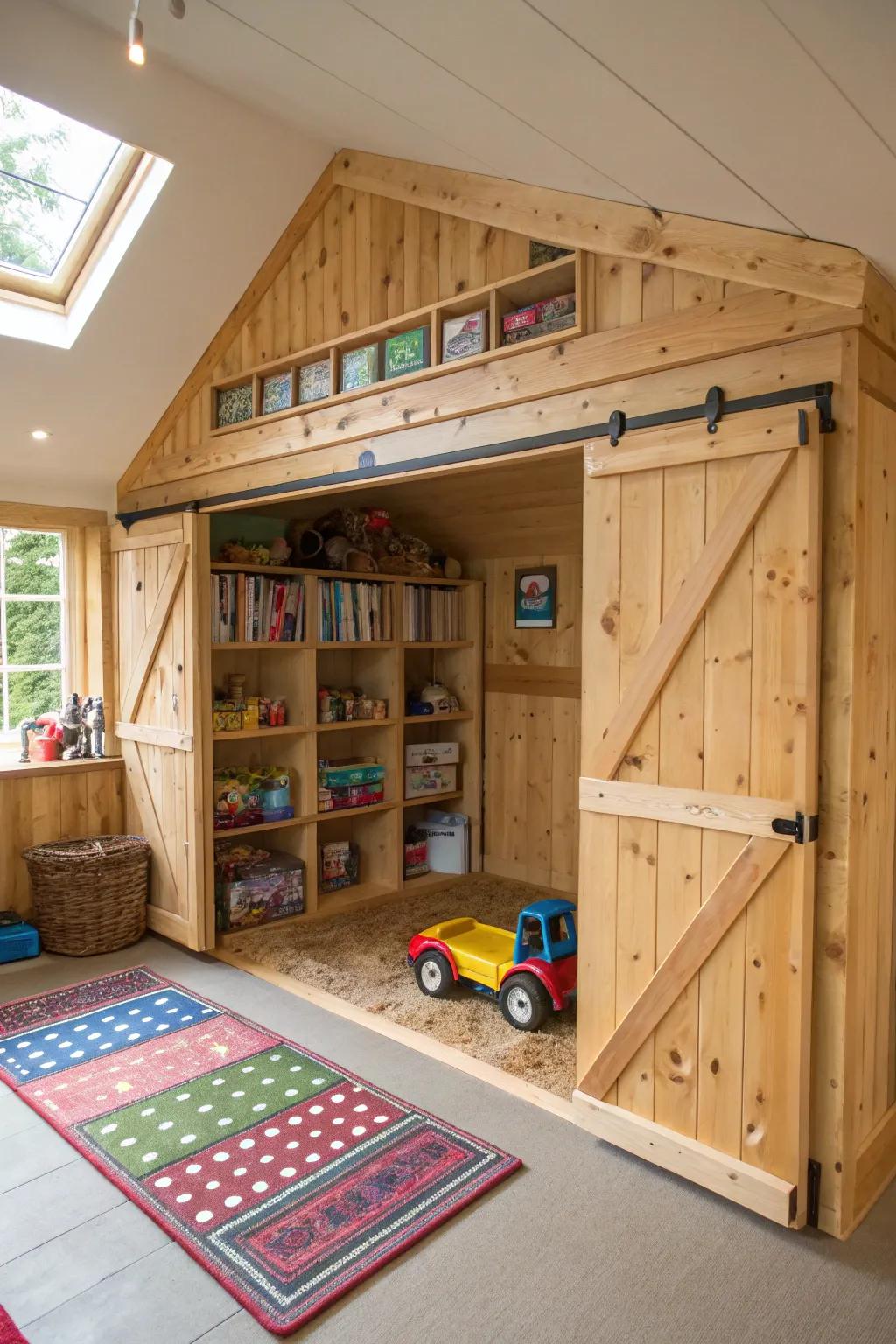 Custom-built garages offer storage and imaginative play.