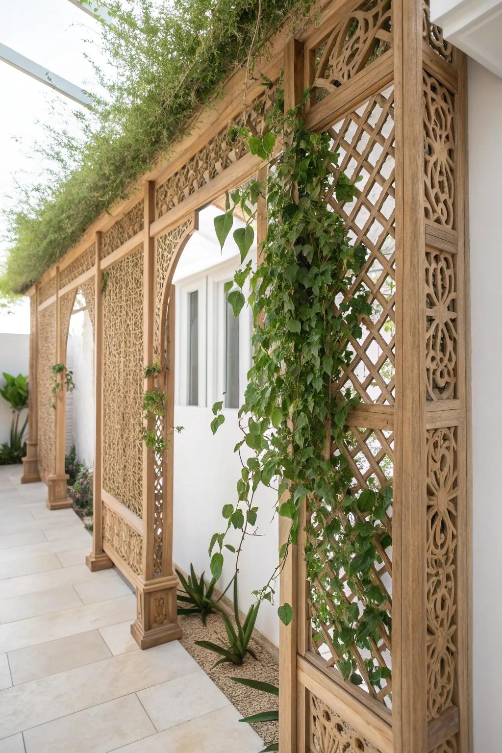 Transform your space into a tranquil retreat with a beautifully crafted vertical garden lattice, where nature meets privacy in minimalist elegance.