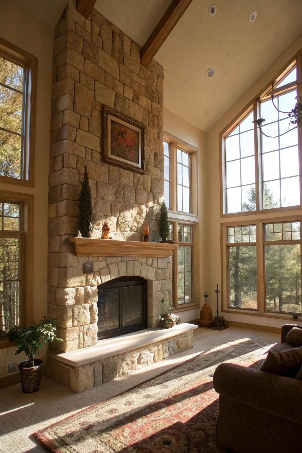 Natural light accentuates the beauty of a light stone fireplace.