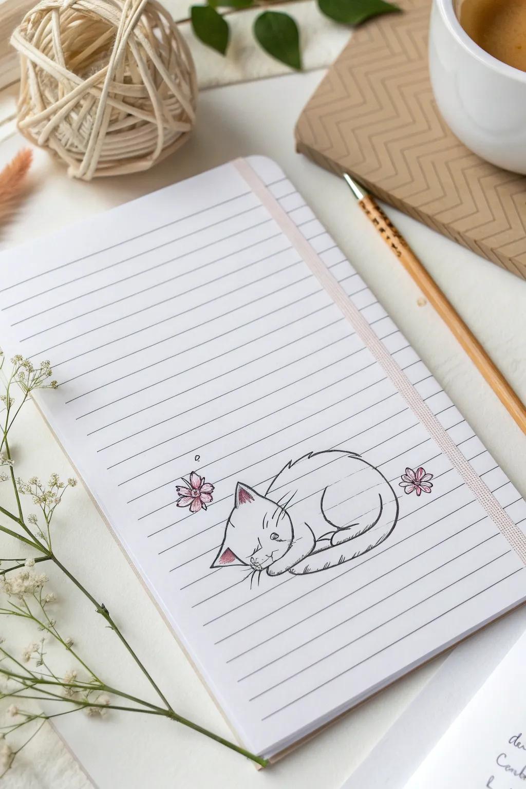 Transform your lined paper into a cozy haven for a dreamy feline friend. 🐾✨ #ScandinavianBoho #CatSketch