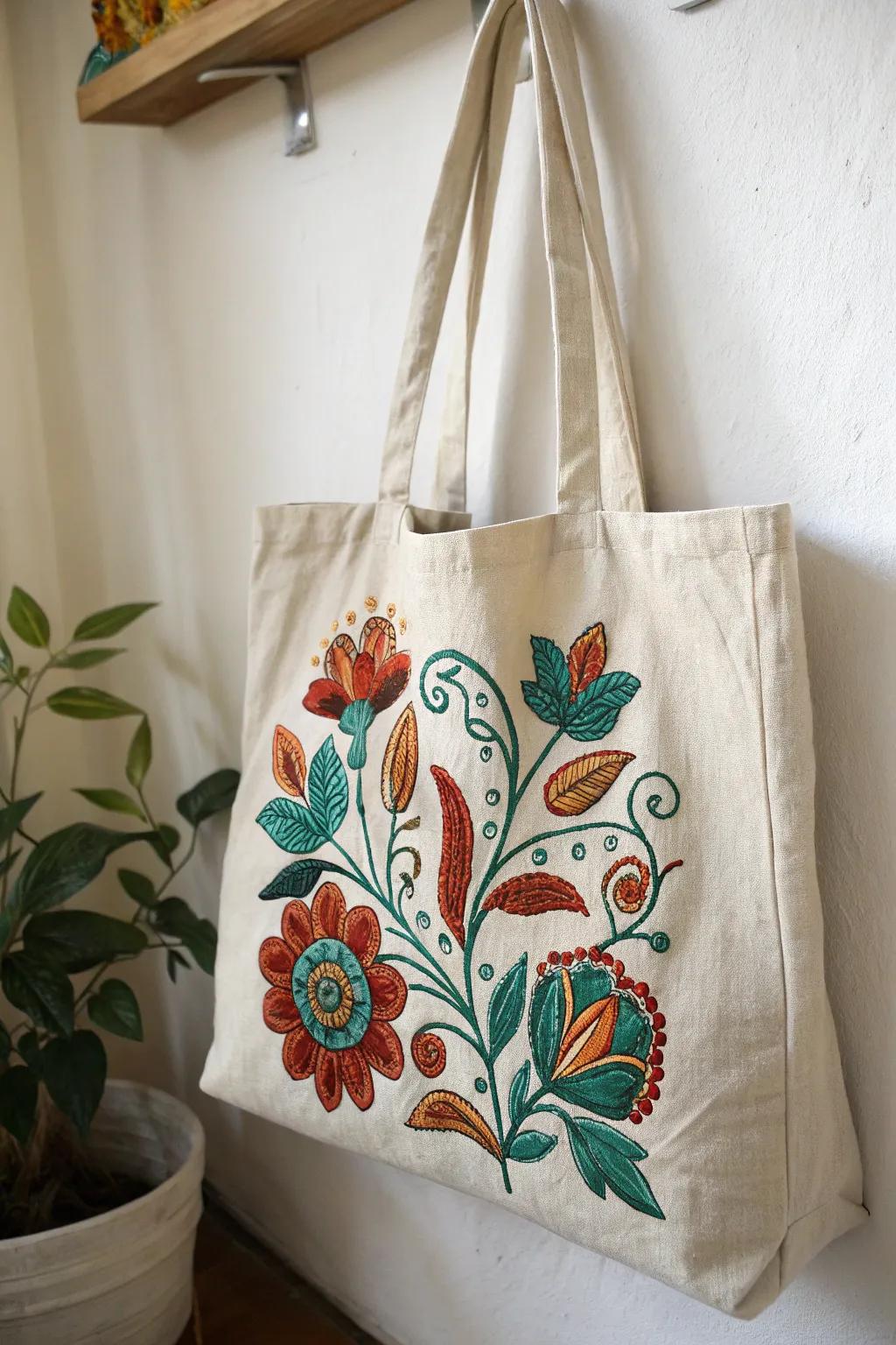 Elevate your style with a personalized touch: A beautifully embroidered tote bag that blends functionality with artistic flair.