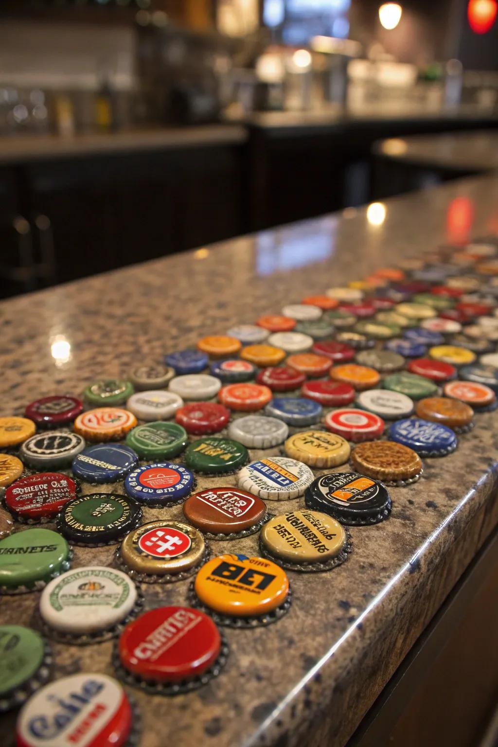 Transform your man cave with a bottle cap countertop, where each cap tells its own story.