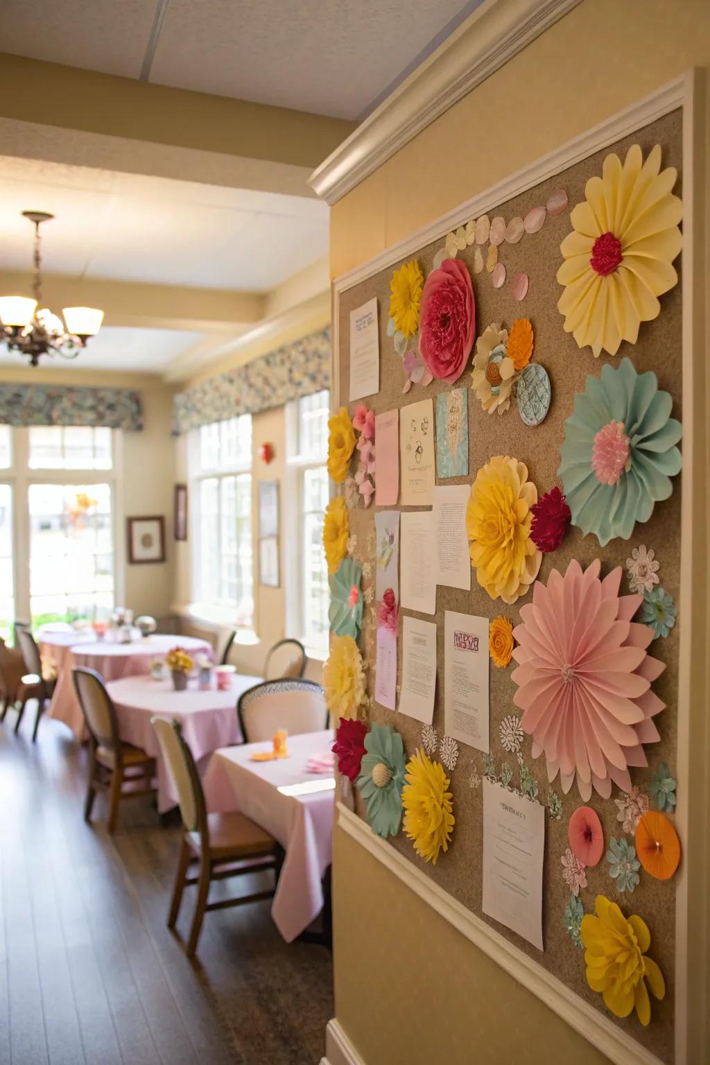 A spring-themed bulletin board bursting with colorful blossoms.