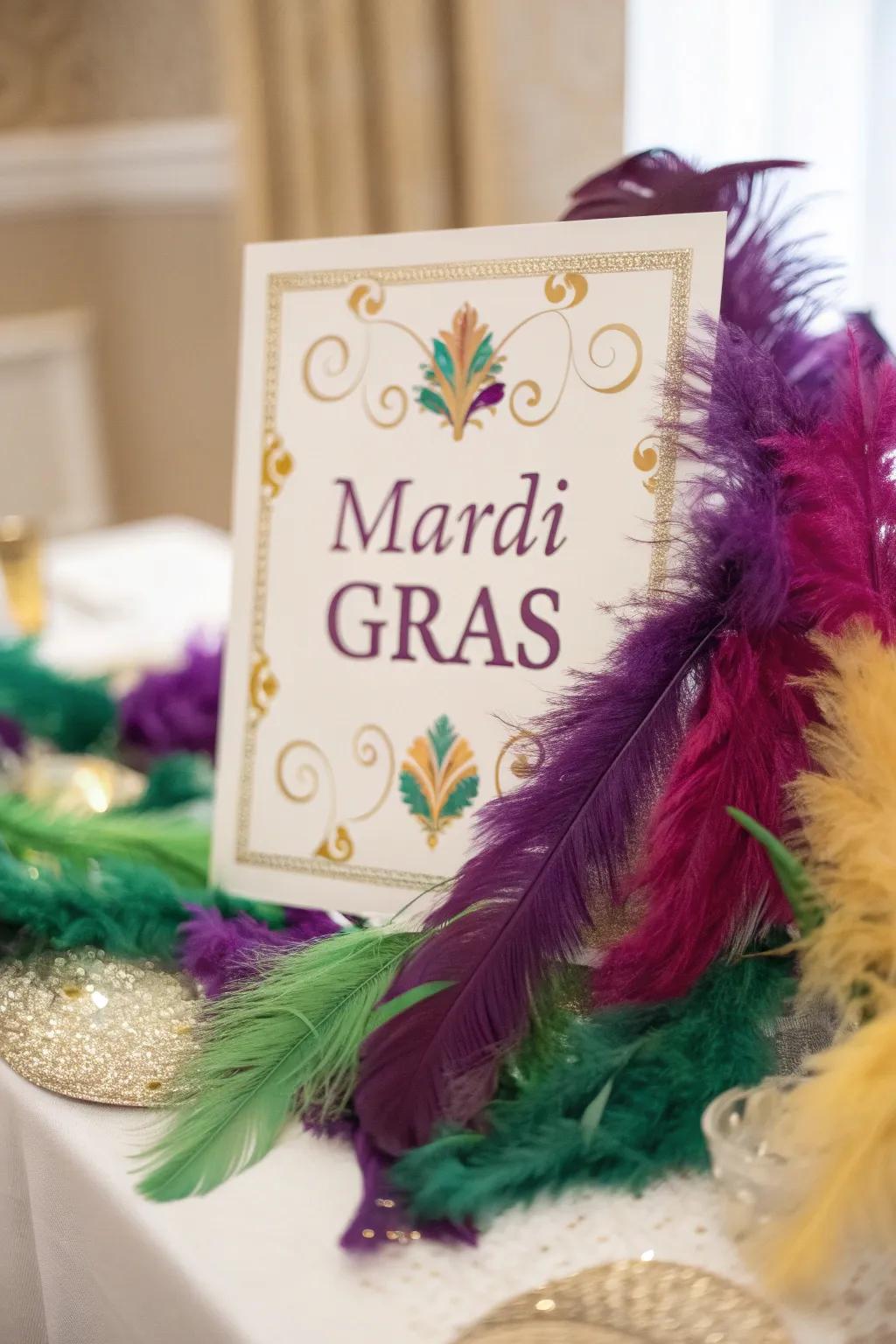 Add flair with feather embellishments to your Mardi Gras invitation.