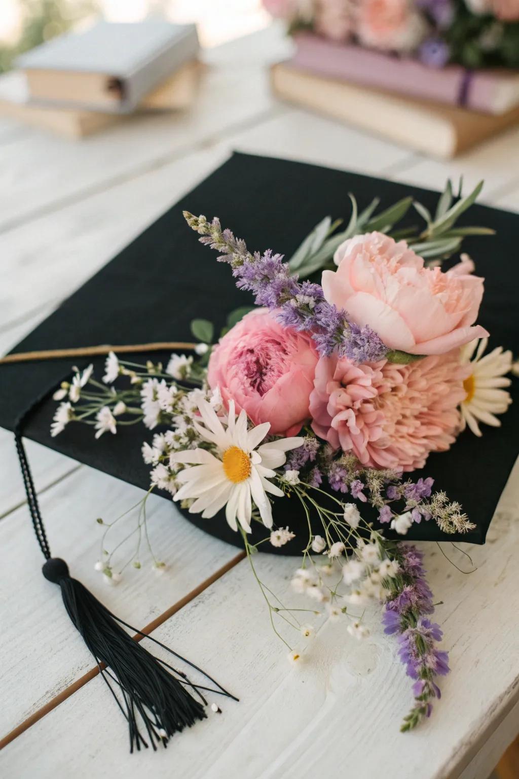 Celebrate new beginnings with a floral flourish on your graduation cap—where minimalist design meets bohemian charm.