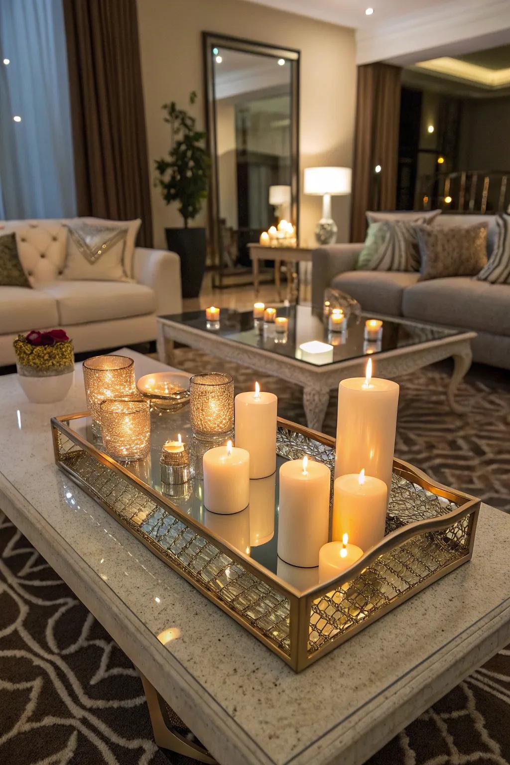 Candles on a mirror table offer a cozy and warm ambiance.