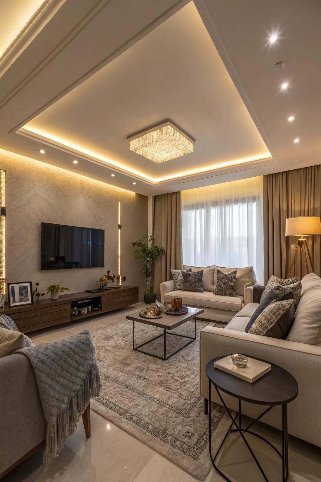 Integrated ceiling lighting offering a seamless glow in a modern living room