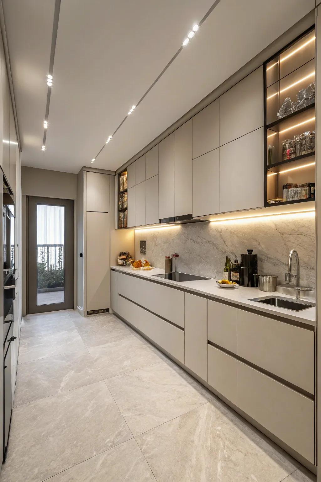 A minimalist kitchen that exudes calm and efficiency.