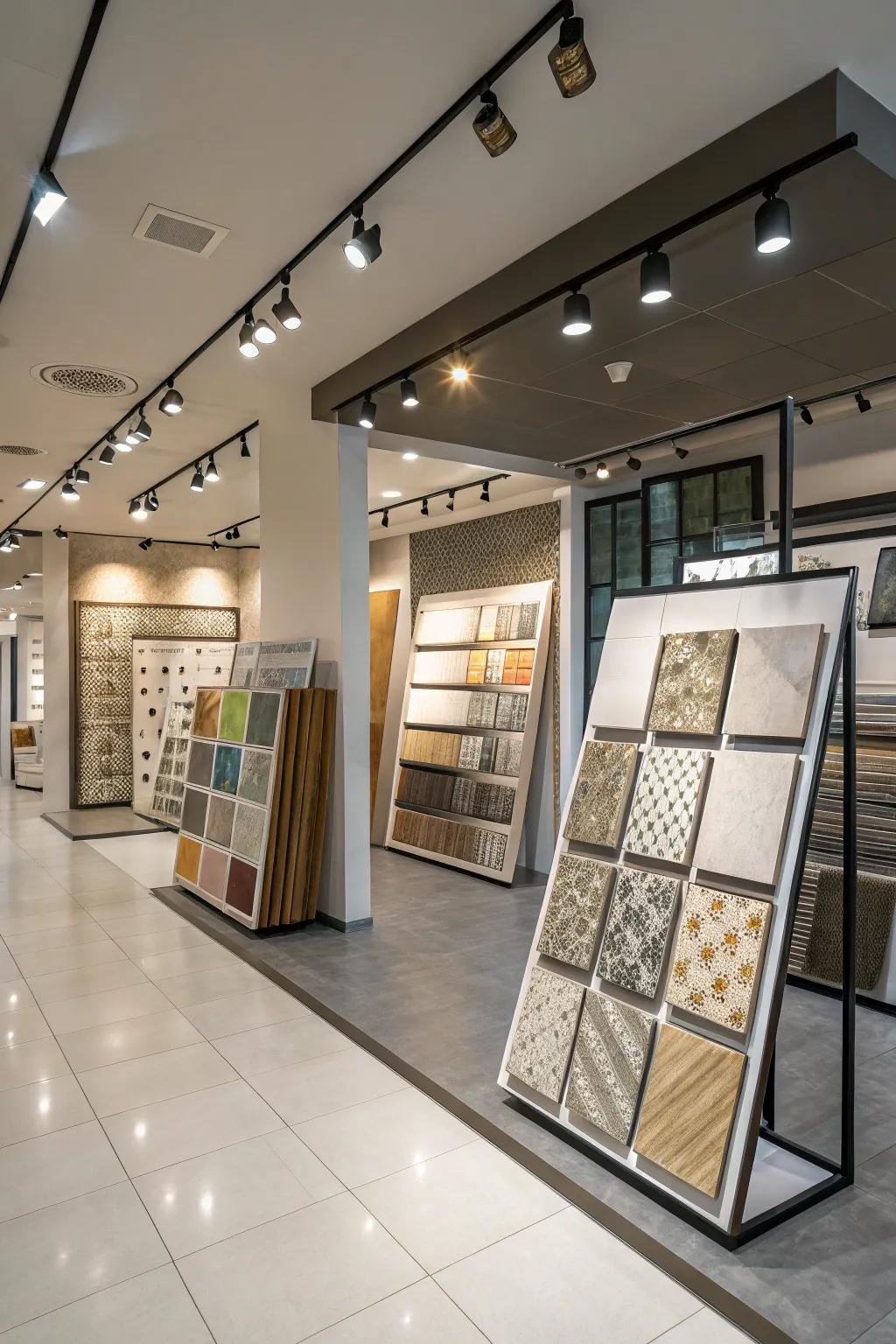 Sophisticated lighting enhancing the showroom's ambiance.