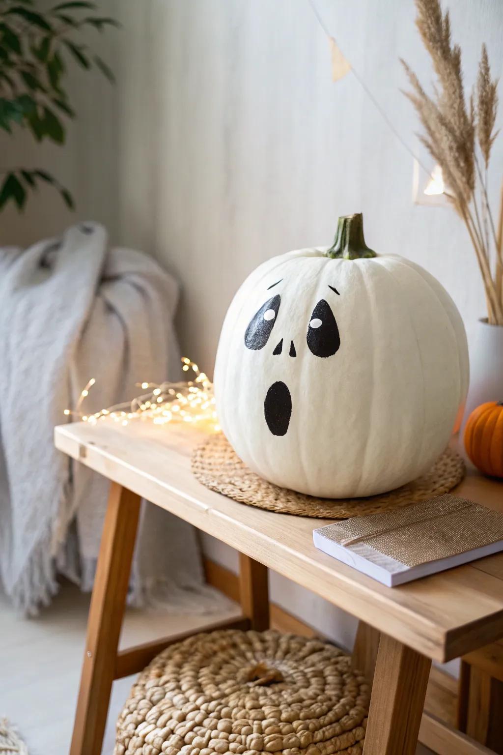 Embrace the ghostly charm with this glowing ghost pumpkin, a perfect blend of minimalist and Boho style for a spooky yet chic decor.