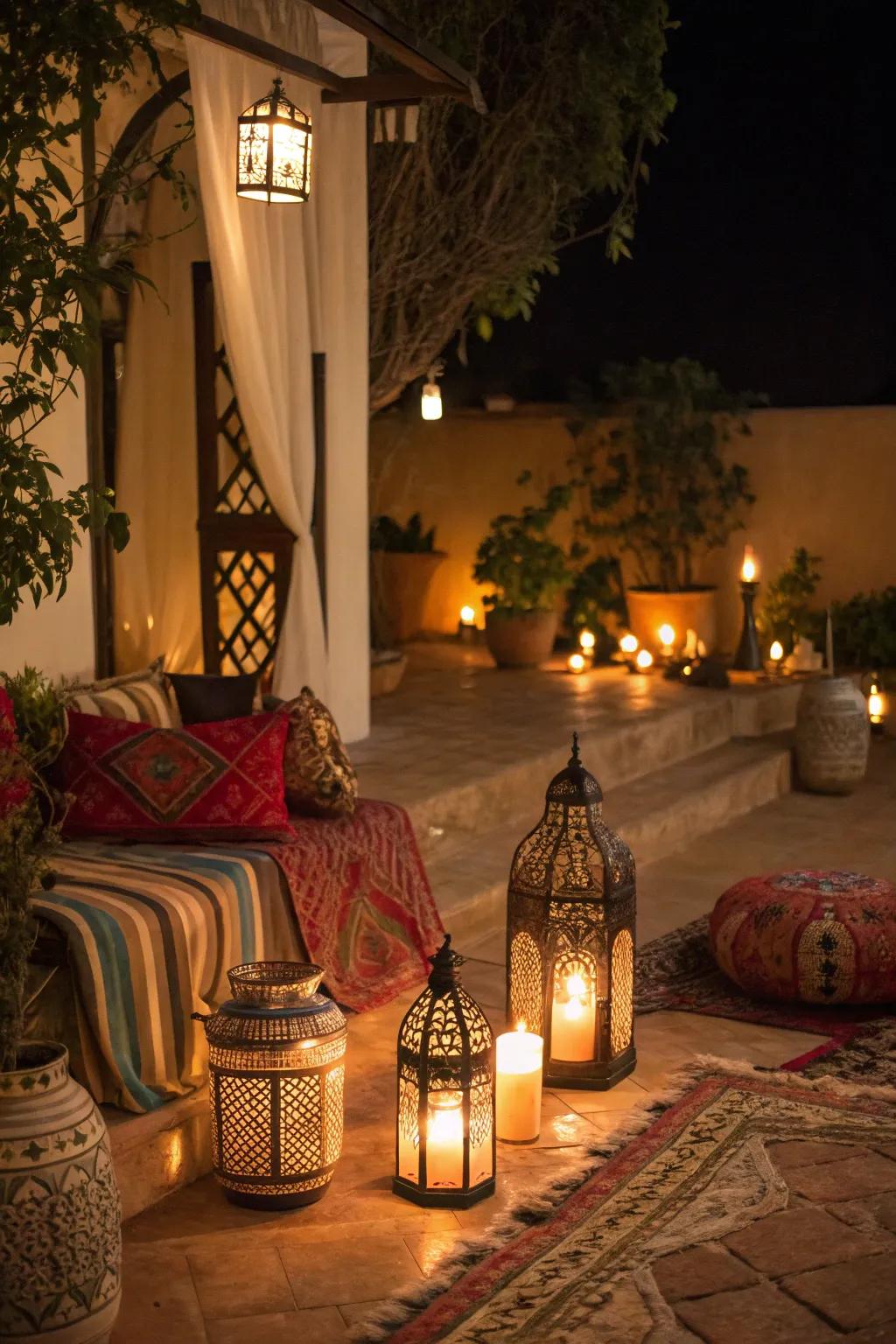 Lanterns and candles create a warm Moroccan glow.