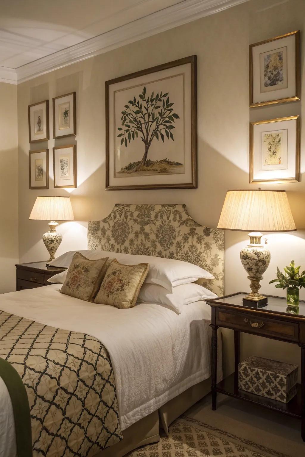 Decorative elements such as artwork and lamps personalize the bedroom.