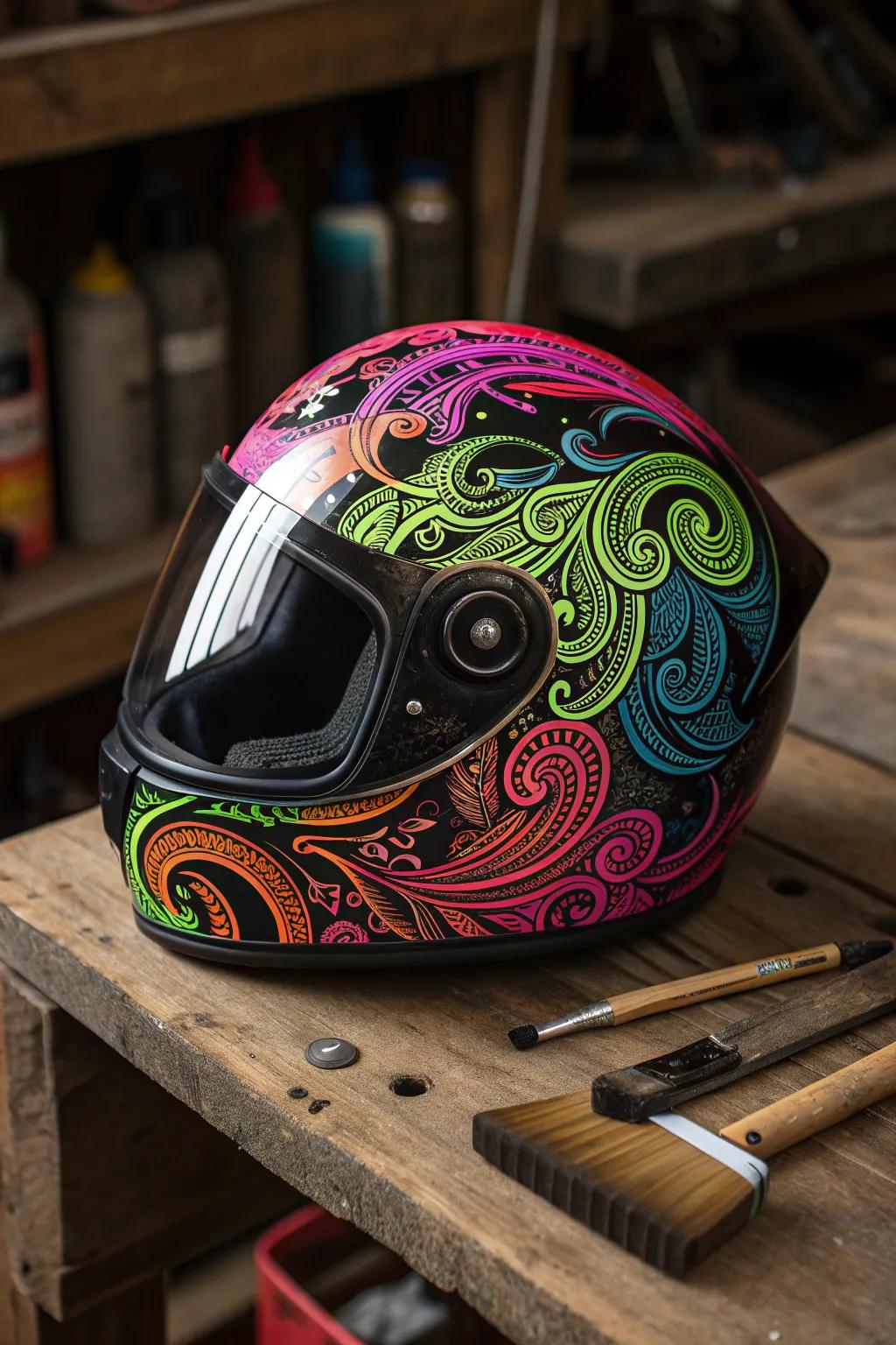 Transform your ride with a burst of psychedelic flair! Dive into the vibrant swirls of neon and let your helmet stand out.