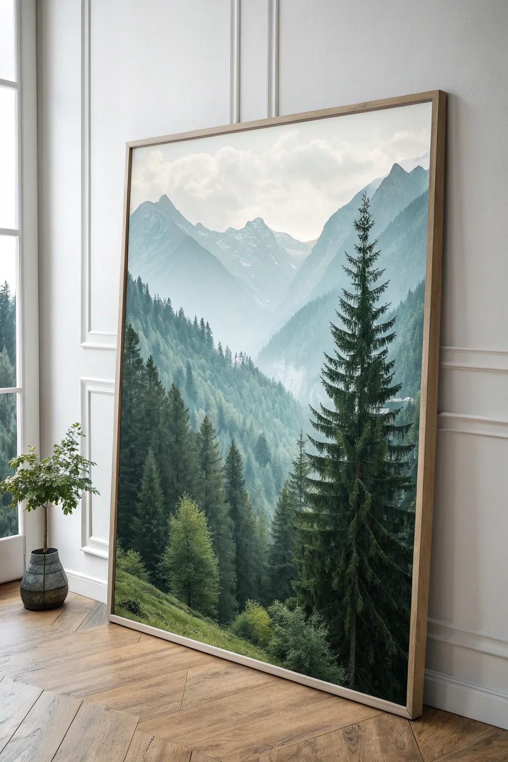 Embrace the tranquility of lush forests with this Scandinavian-inspired mountain painting, perfect for adding a touch of nature's elegance to your space.