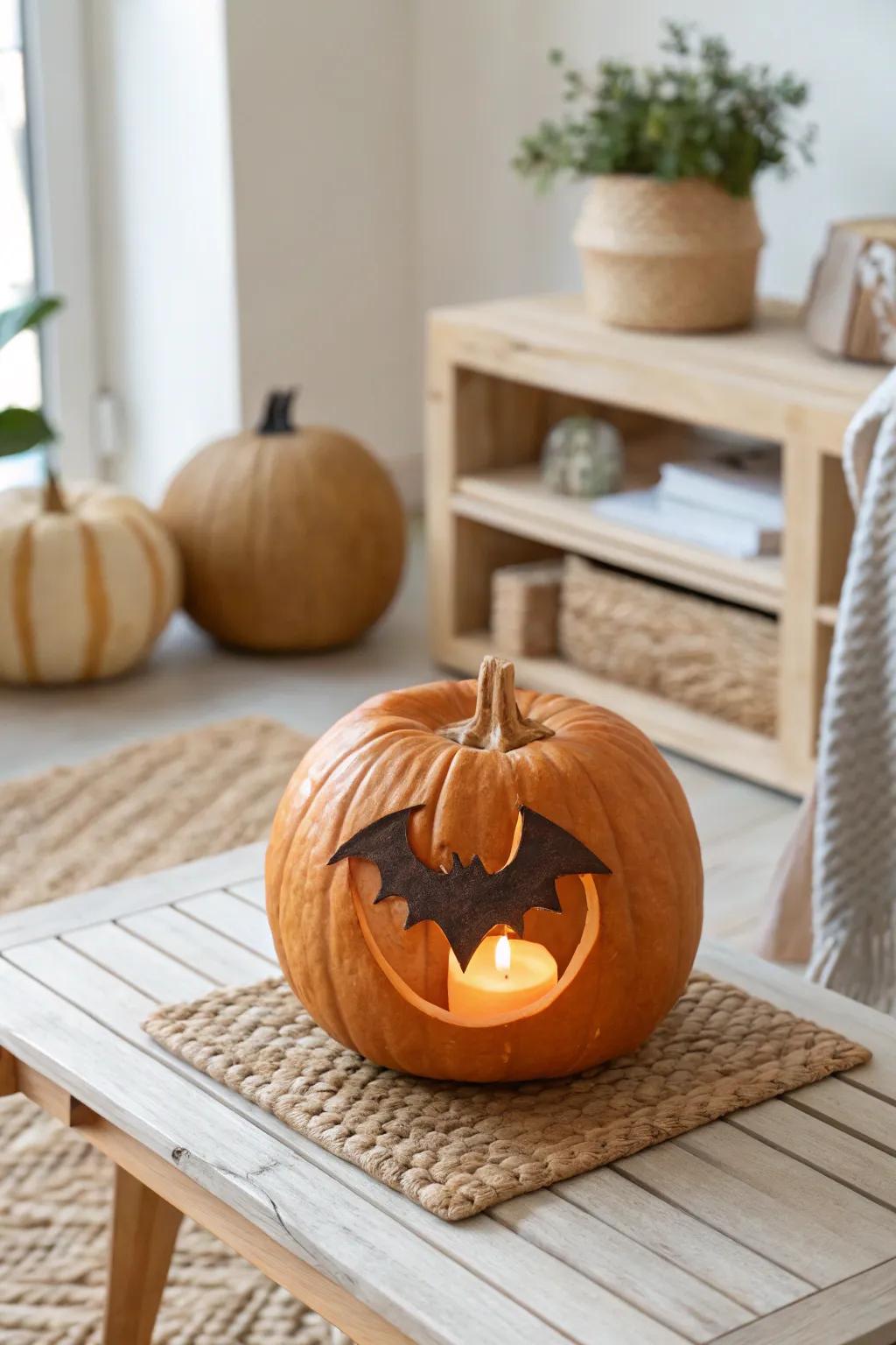 Illuminate your Halloween with a superhero twist—this bat symbol pumpkin is a minimalist masterpiece!