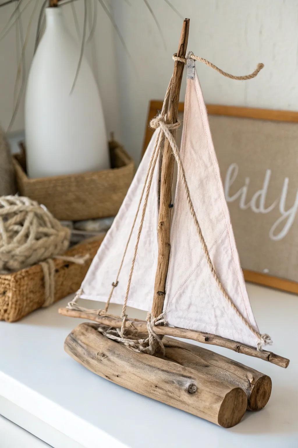 Embrace the beauty of nature with this charming driftwood sailboat, a perfect touch of whimsy for your minimalist haven.