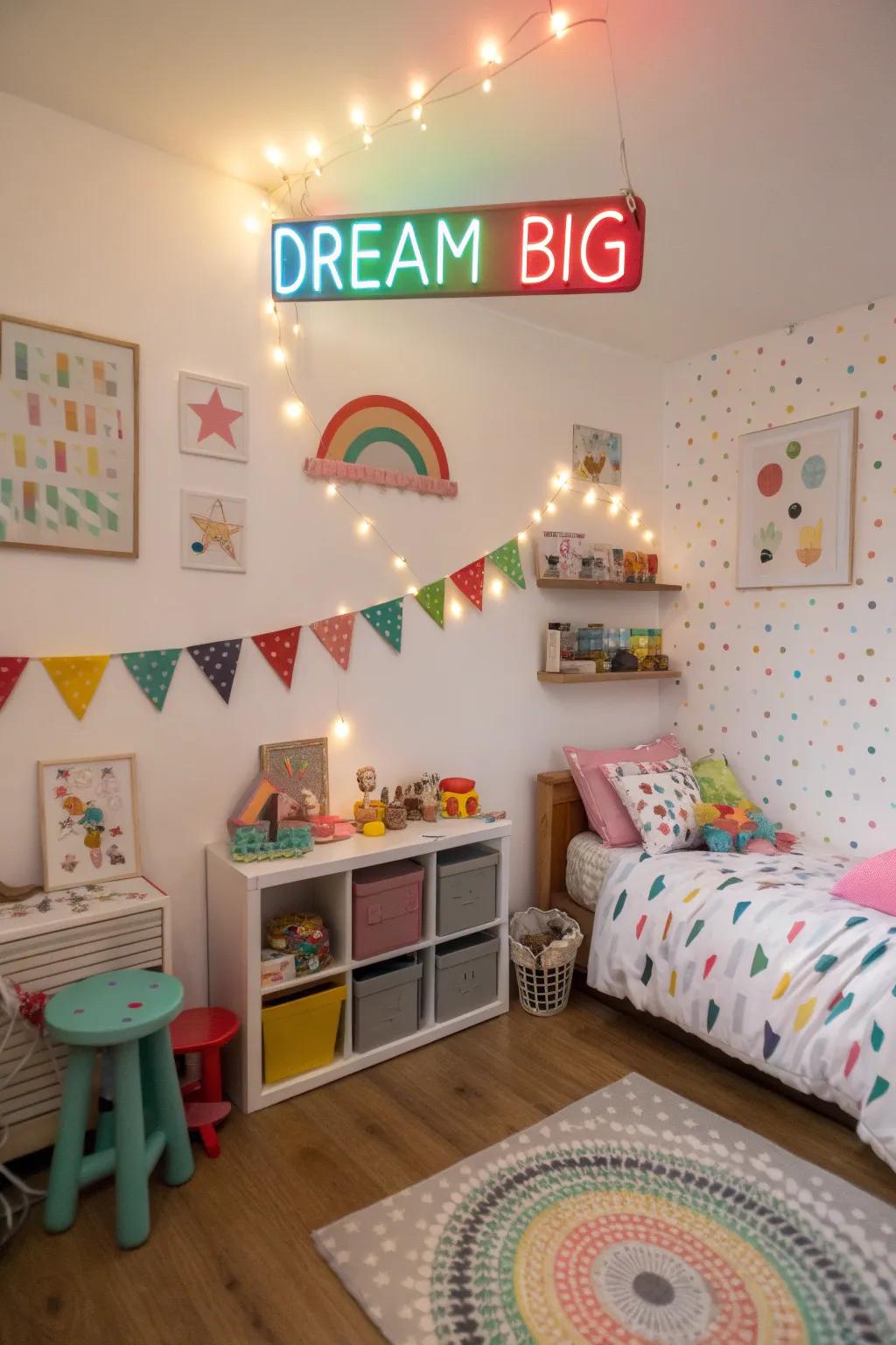 A playful 'Dream Big' neon sign in a children's bedroom.