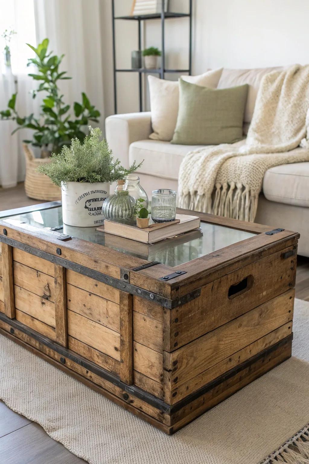 Elevate your living room with the timeless charm of a rustic wooden crate coffee table, elegantly topped with glass.