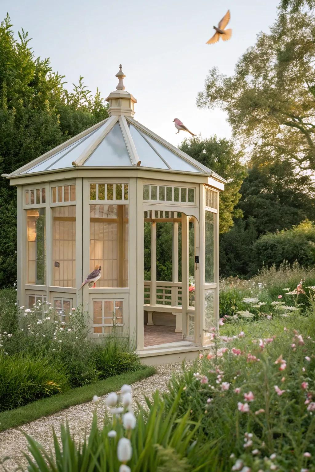 Step into serenity with a walk-in aviary: where minimalist design meets natural beauty.