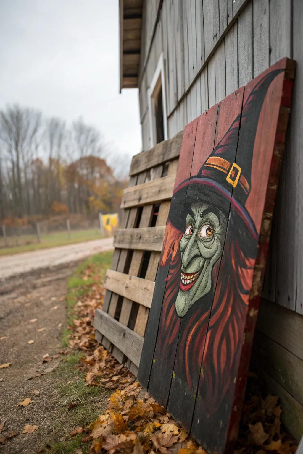 Masterpiece on a Pallet: Transform your outdoor space with this charmingly crafted spooky witch face!