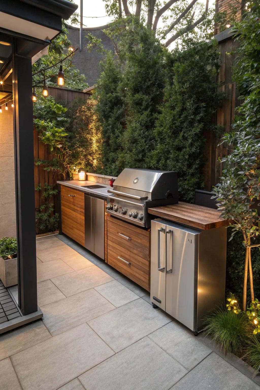 Maximize your space with a sleek L-shaped outdoor kitchen that's both functional and stylish.