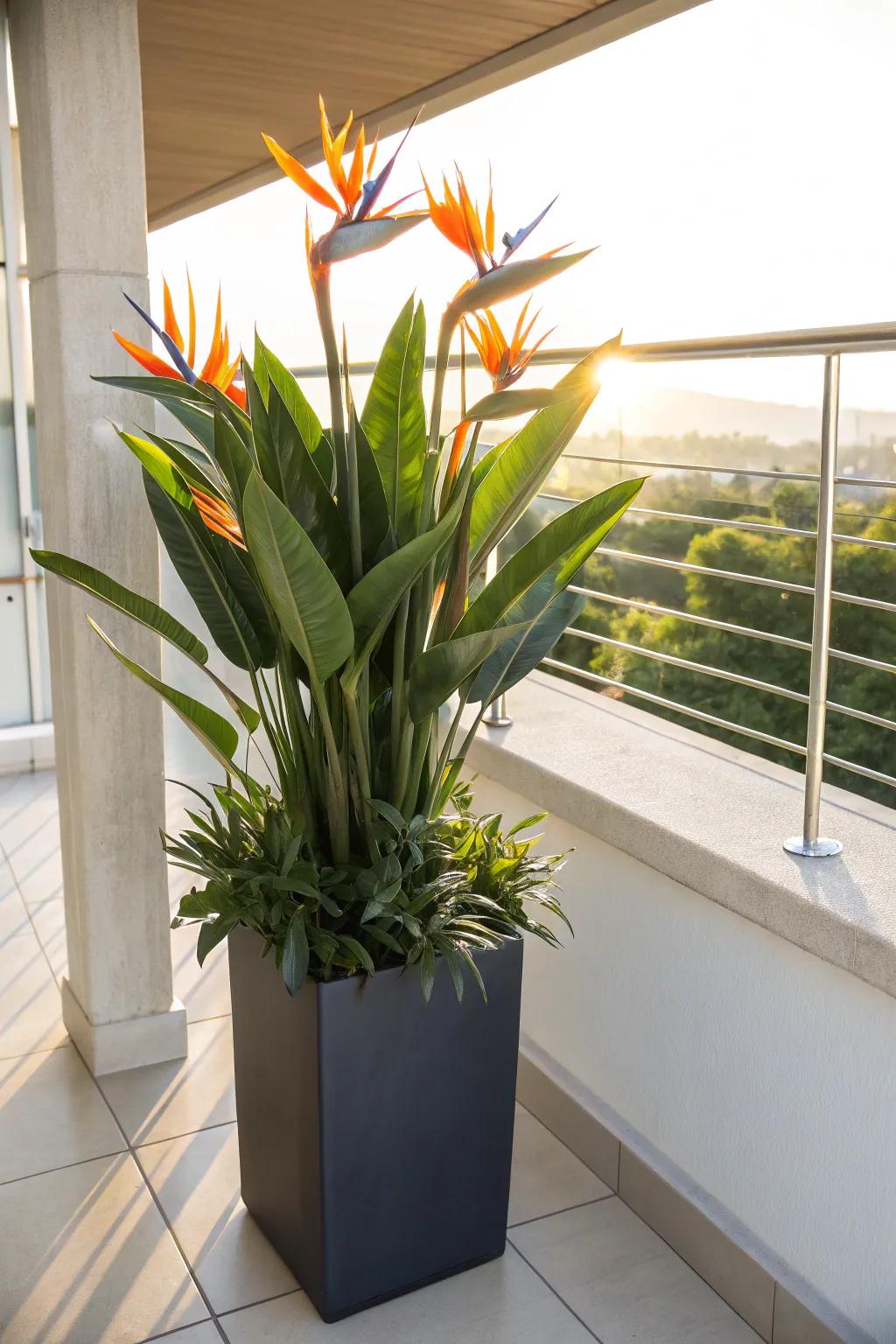 Bold and beautiful Bird of Paradise adds a pop of color to a stylish balcony.