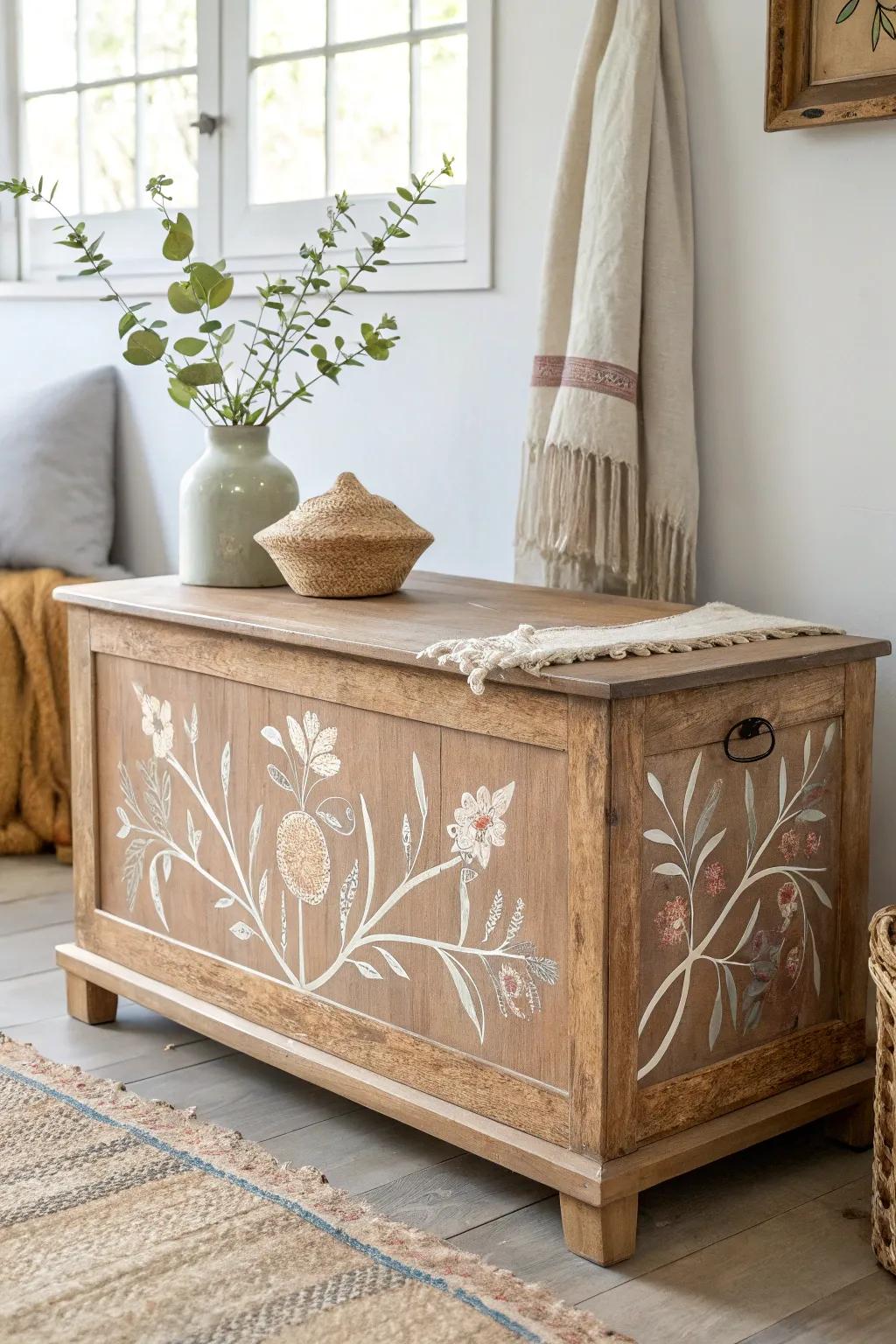 Transform your space with a charming stenciled cedar chest—where simplicity meets artistry.