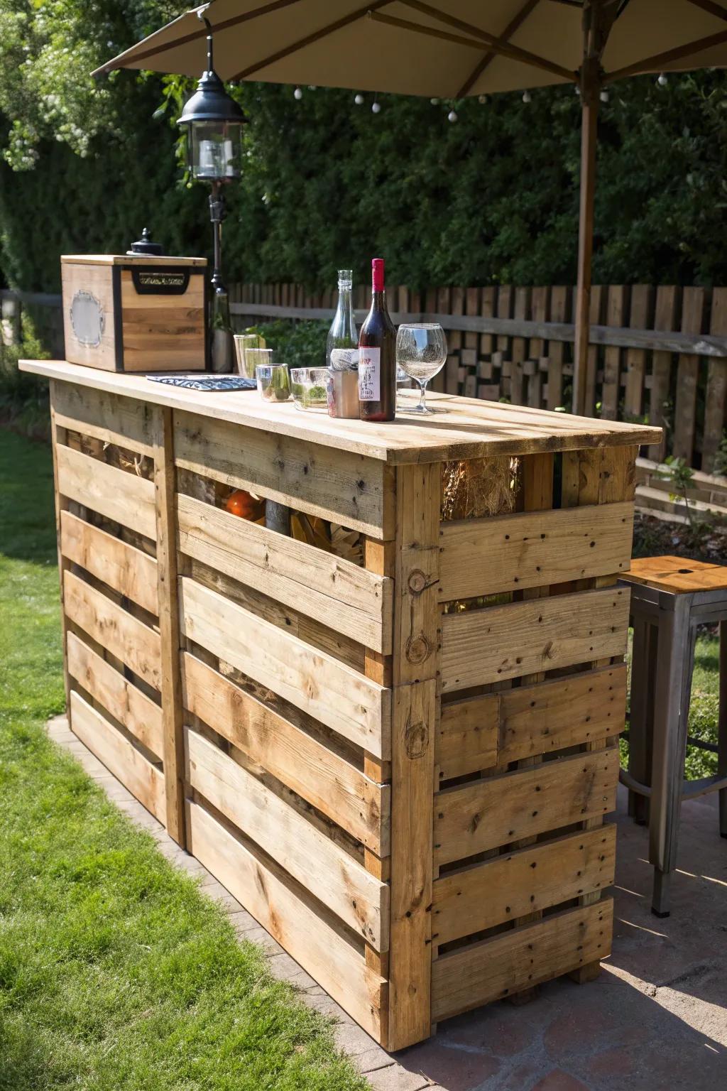 Elevate your outdoor gatherings with this expertly crafted portable folding pallet bar—style meets convenience.