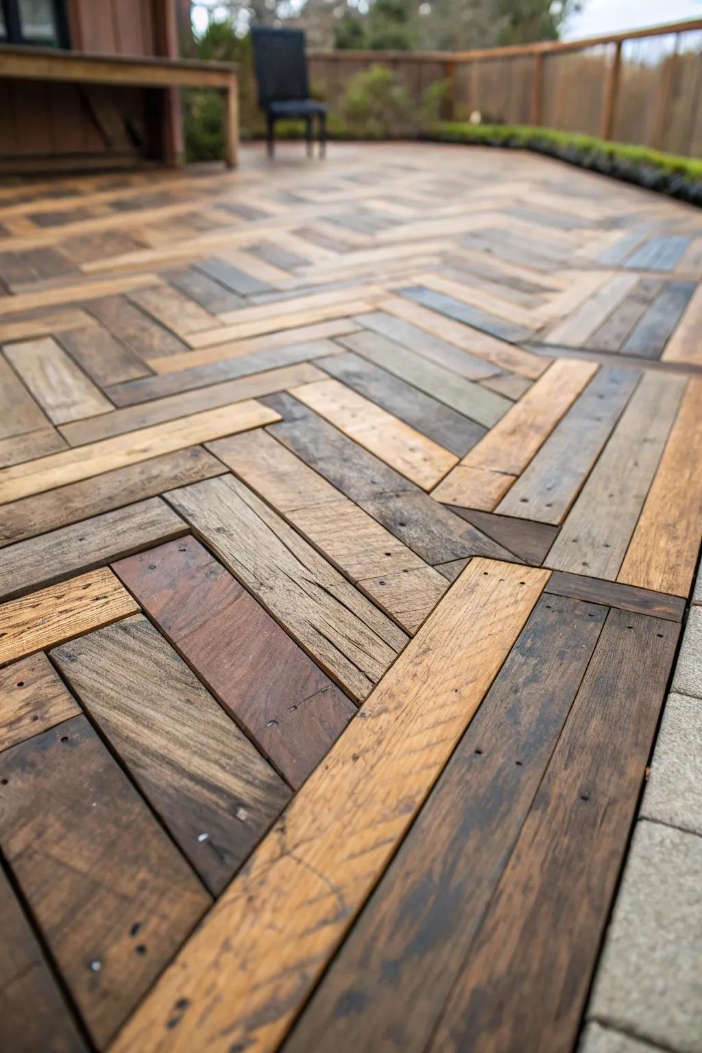 Elevate your outdoor space with a stunning herringbone pallet deck, where craftsmanship meets style.